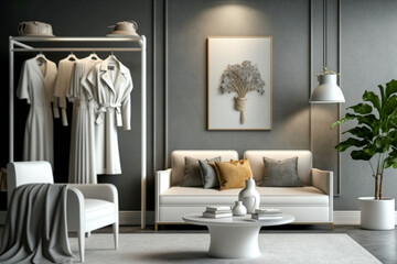 Modern interior design of female clothing store. Super photo realistic background. Generative ai illustration