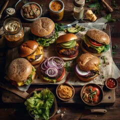 Variety of Burgers on a Rustic Wooden Board Topped with Fresh Ingredients, AI Generated - obrazy, fototapety, plakaty