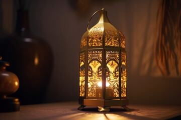 Vintage decoration lamp on top of a table .Generative Ai