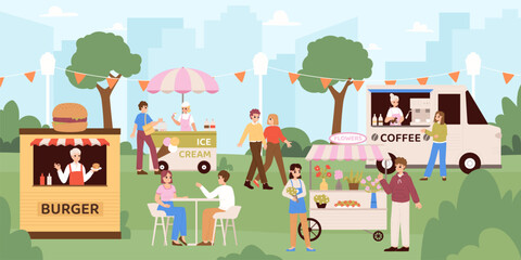 Street food festival, people crowd walking in fair in park. Outdoor summer event, person eating burger and ice cream, drink coffee, snugly vector scene
