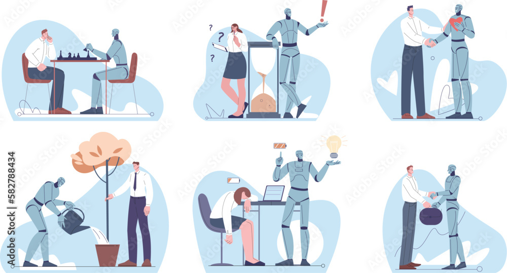 Poster android robotics and people work. robot vs human in job, competition and collaboration scenes. flat 