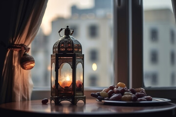 Fototapeta na wymiar Vintage decoration lamp beside window.Generative Ai