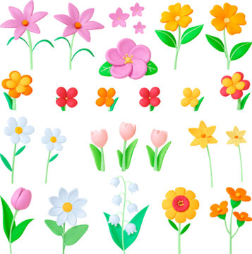 Flowers 3d elements. Summer flower toy, clay render plasticine imitation. Color tulips, chamomile, grass. Isolated daisy, realistic pithy vector set