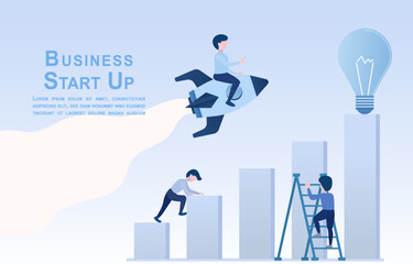 Business startup ideas. Businessman trying to get to the top of the bar. Light bulb symbol target and creativity. A man rides a rocket to success. Flat vector illustration.