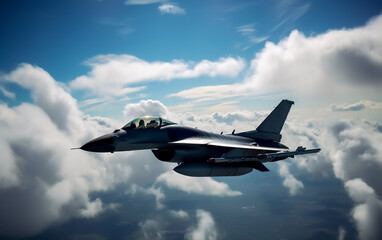 An F-16 fighting falcon jet inflight with blue skies and clouds in the background. Illustrative Generative AI.