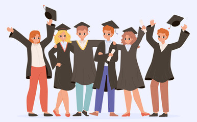 Graduates crowd hugging and throwing academy hats. Students graduate, college school or university degree get. Diploma ceremony snugly vector teens