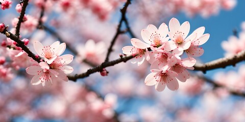 Obraz premium Delicate pink sakura blossoms against a blue clear sky. Spring wide background. Generative AI