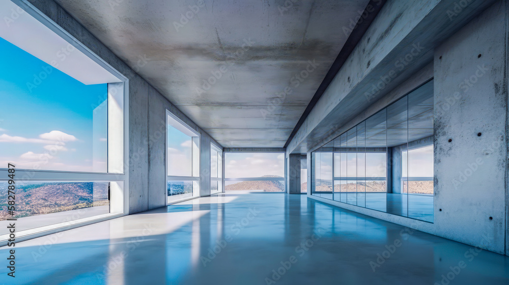 Poster an empty room with large windows and view of the mountains. generative ai.