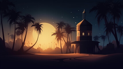 Mosque night view, sand and calm atmosphere mountain, Generate AI
