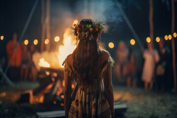 Beltane Celebration: Woman Participating in a Ritual Around a Bonfire. happy, beautiful, flirty girl enjoying the Beltane holiday ceremony.  - obrazy, fototapety, plakaty