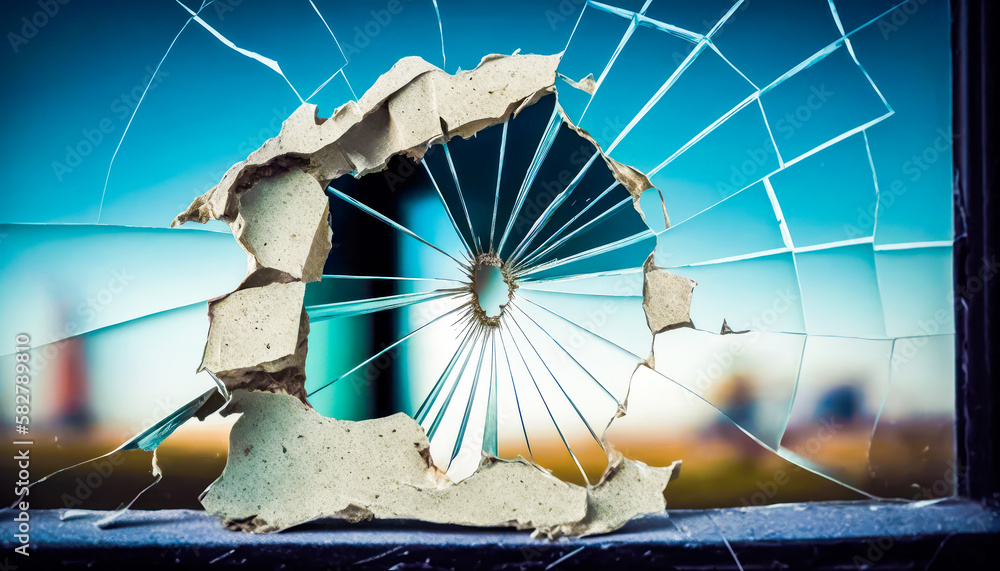 Poster an image of broken window with the city in the background. generative ai.
