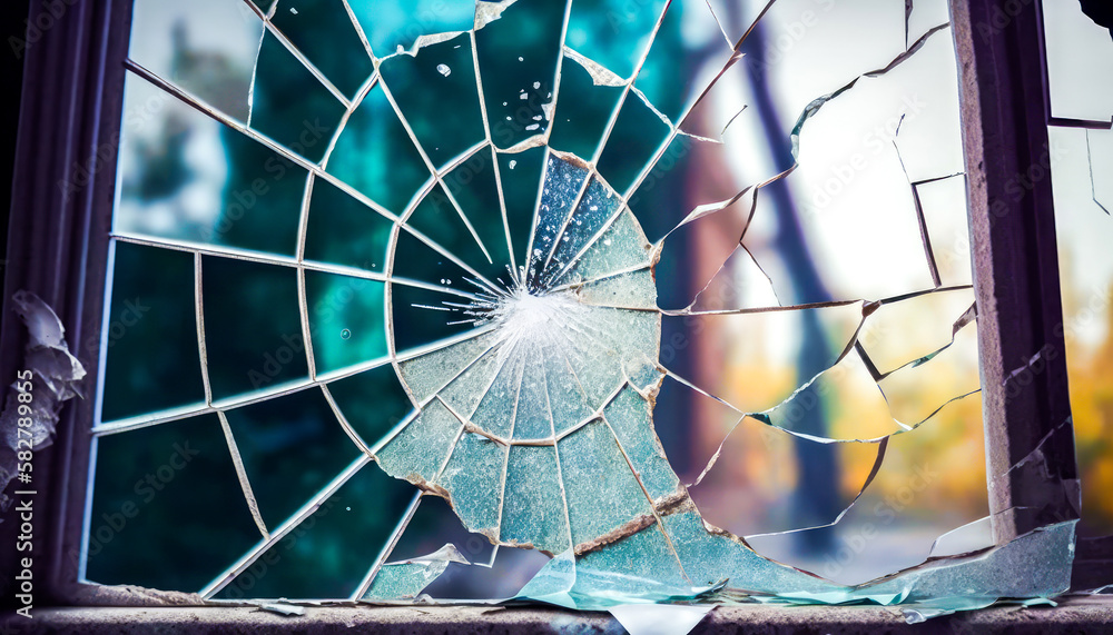 Poster broken window with shattered glass in it. generative ai.