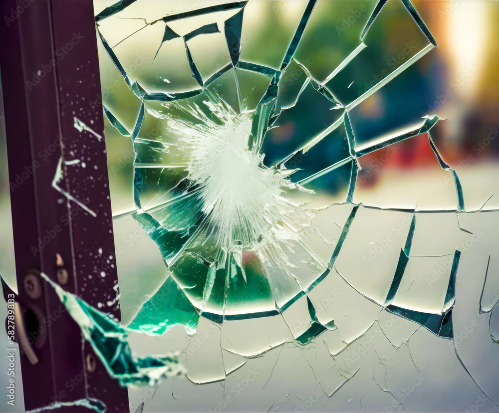 Poster an image of broken glass window on bus. generative ai.
