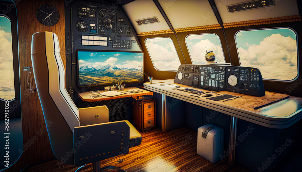 Poster the cockpit of an airplane with desk and computer. generative ai.