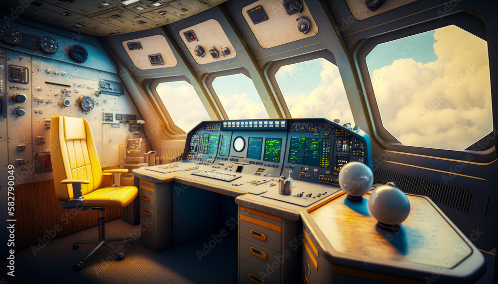 Poster the cockpit of an airplane with view of the sky. generative ai.