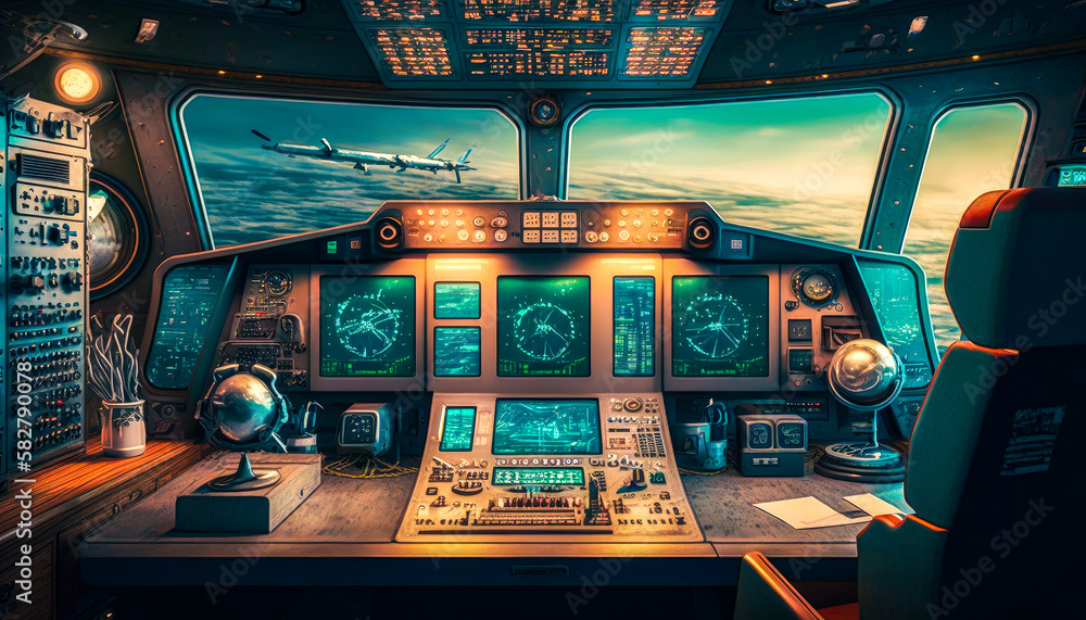 Poster the cockpit of an airplane is shown in this image. generative ai.