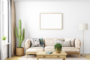 Boho living room mockup frame, 3D render	
