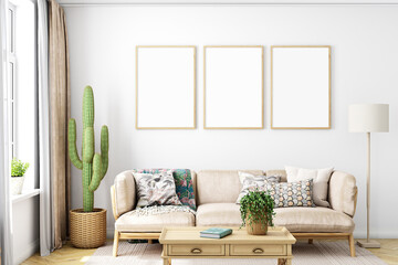 Poster frame mockup in living room, 3D render