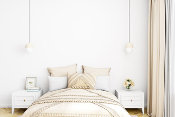Bedroom interior white wall, 3D render