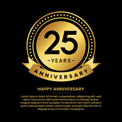 25 years anniversary banner with luxurious golden circles and halftone on a black background and replaceable text speech