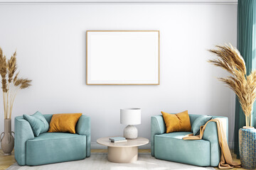 Living room frame mockup, 3d render