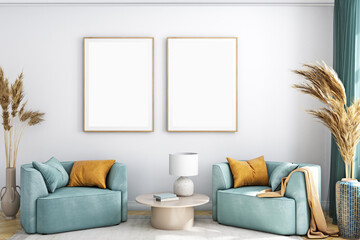 Living room frame mockup, 3d render