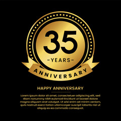 35 years anniversary banner with luxurious golden circles and halftone on a black background and replaceable text speech