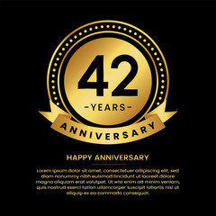 42 years anniversary banner with luxurious golden circles and halftone on a black background and replaceable text speech