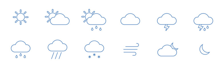 Set of 12 basic contour weather icons. Isolated vector and PNG illustration on transparent background.