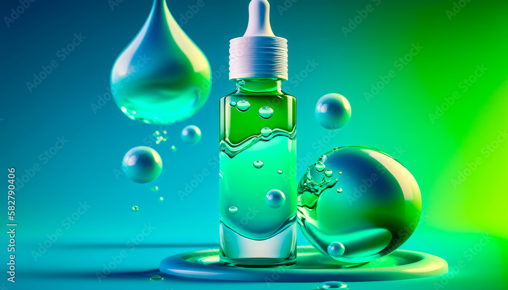 Poster bottle of liquid with droplets on it. generative ai.