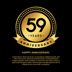 59 years anniversary banner with luxurious golden circles and halftone on a black background and replaceable text speech