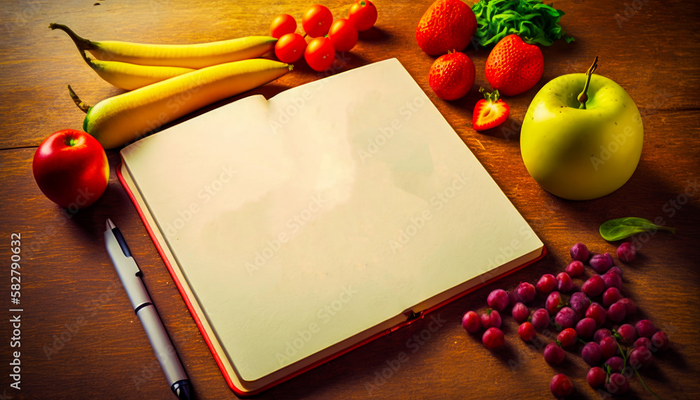 Poster an open notebook with fruit and vegetables on table. generative ai.