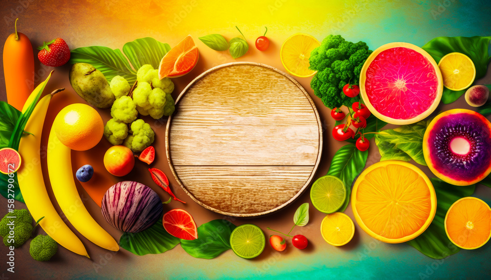 Poster an image of fruits and vegetables arranged in circle. generative ai.
