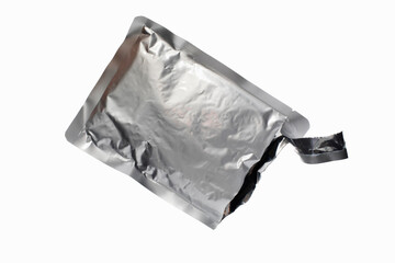 Open silver sachet, ripped disposable blank sachet packaging