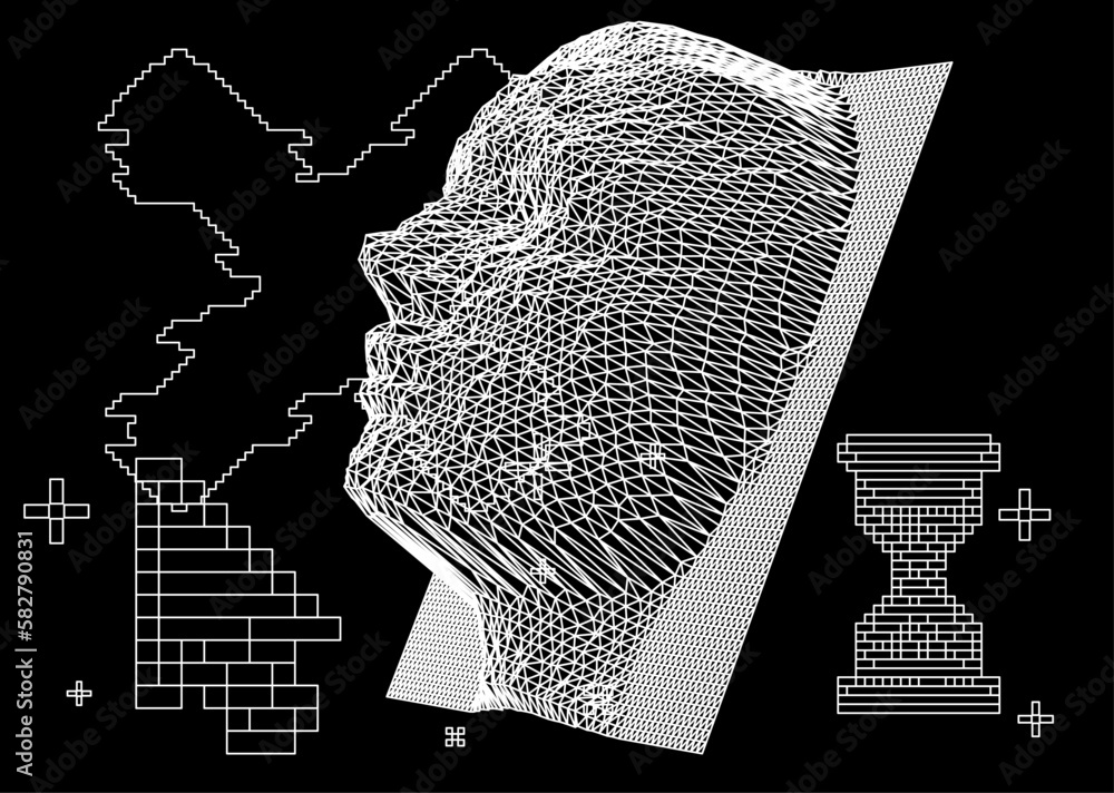 Poster 3d human head made of a polygonal mesh. concept of a facial recognition systems and biometrics.