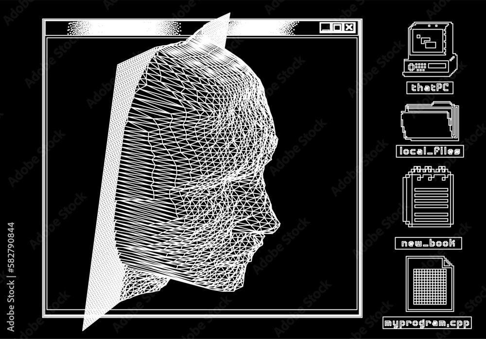 Aufkleber 3D human head made of a polygonal mesh. Concept of a facial recognition systems and biometrics.