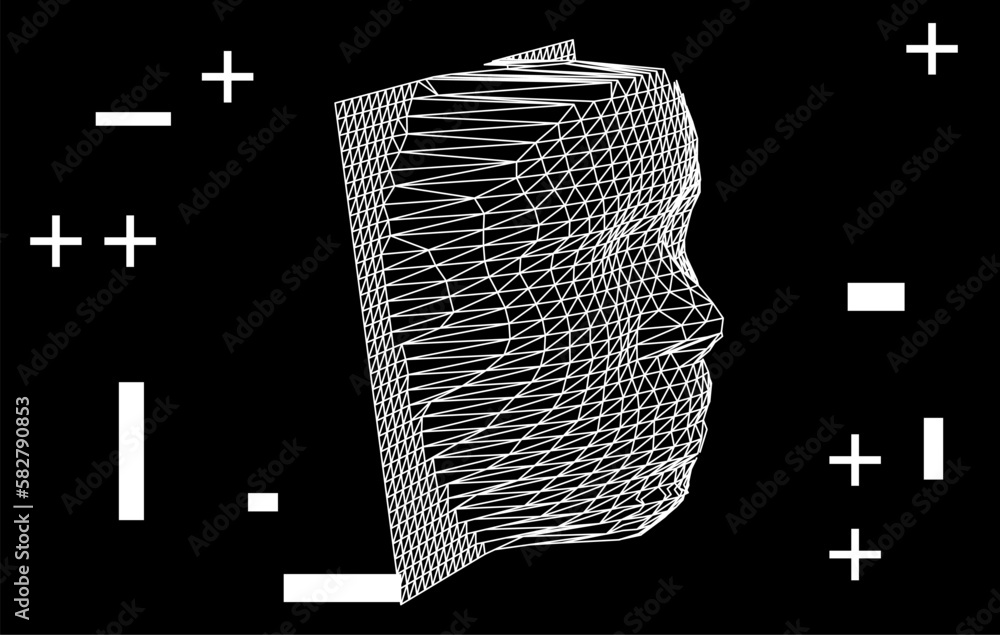 Poster 3d human head made of a polygonal mesh. concept of a facial recognition systems and biometrics.