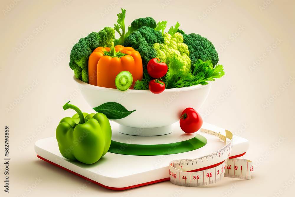 Poster vegetables and fruits on scale with measuring tape. generative ai.