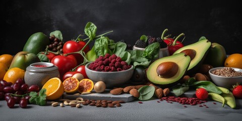 Assortment of fruits, vegetables, seeds, superfoods, cereals on a dark gray concrete background with copy space. Top view - generative ai
