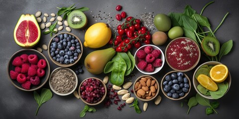 Assortment of fruits, vegetables, seeds, superfoods, cereals on a dark gray concrete background with copy space. Top view - generative ai