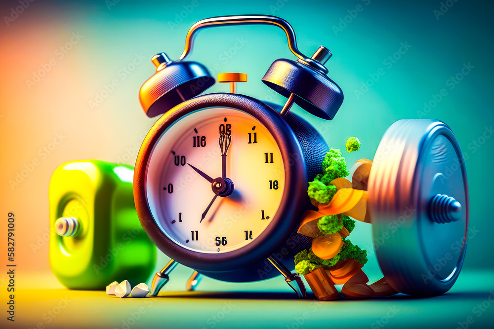 Poster an alarm clock, weights and vegetables on colorful background. generative ai.