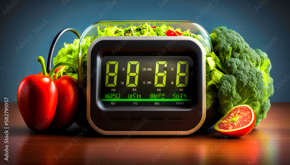 Poster an alarm clock with vegetables in front of it. generative ai.
