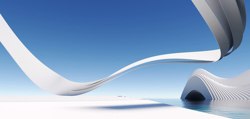 Fototapety  3d render surreal white minimal architecture background with geometric shapes, abstract fantastic design , landmark futuristic panoramic, futuristic scene with copy space, blue sky and cloudy.