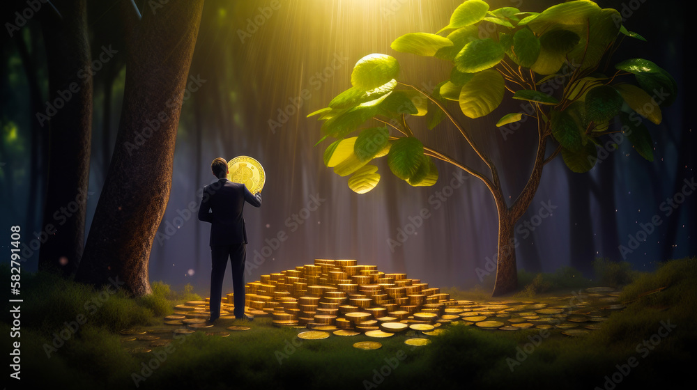 Poster man standing in the forest with gold coins. generative ai.