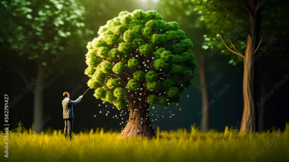 Aufkleber man is standing next to tree in the woods. generative ai.