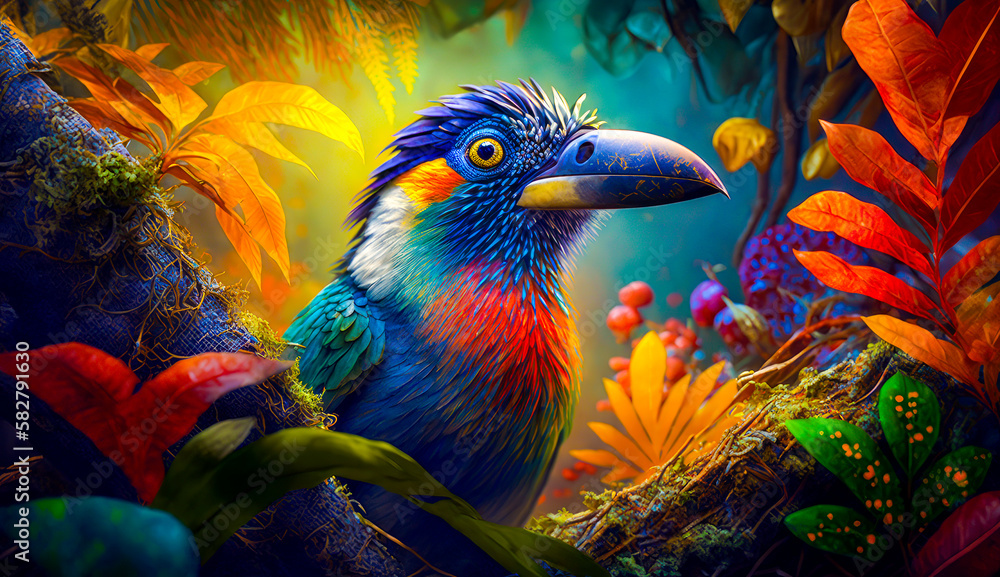 Poster an image of colorful bird in the jungle. generative ai.