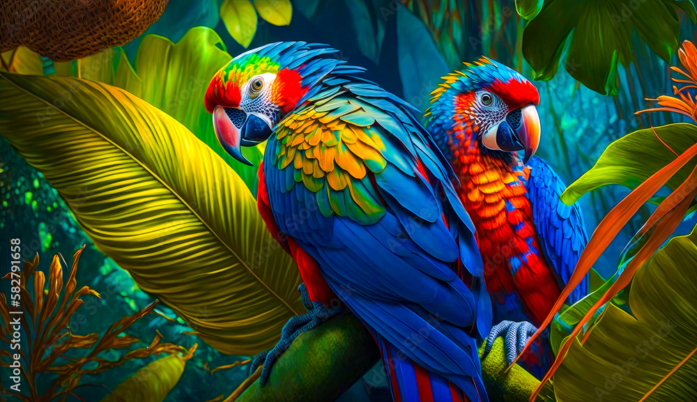 Poster two colorful parrots sitting on branch in the jungle. generative ai.