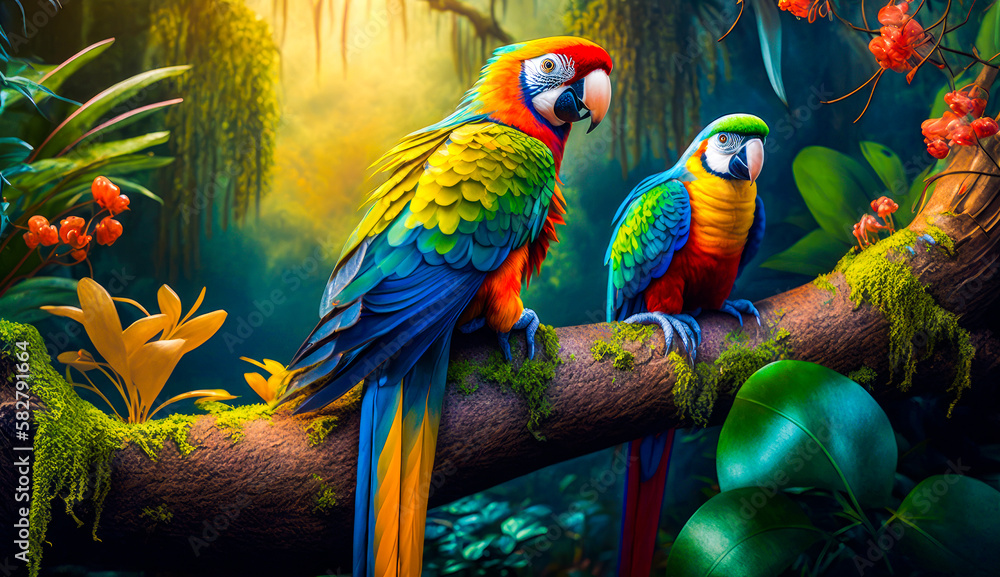 Poster two colorful parrots sitting on branch in the jungle. generative ai.