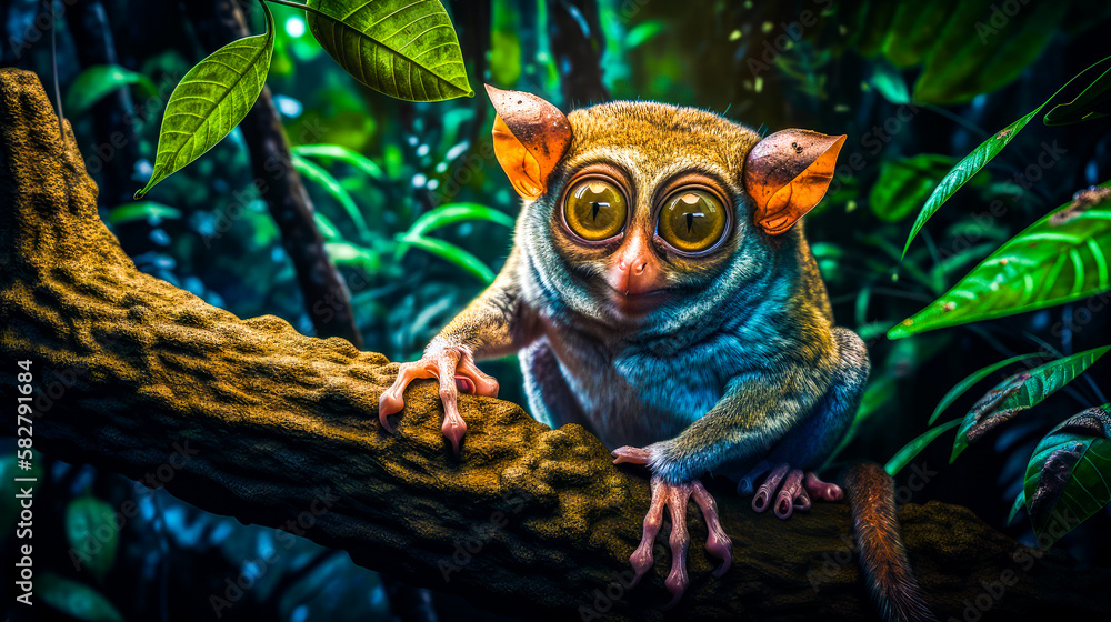 Poster tarsier is sitting on branch in the jungle. generative ai.
