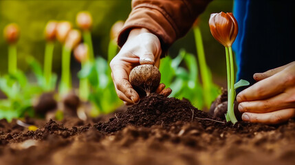 Person is planting tulips in the ground. Generative AI.